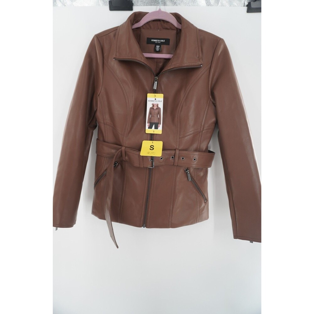 Kenneth Cole Women's Sz S Faux Leather Belted Moto Jacket Cognac Brown Biker NWT